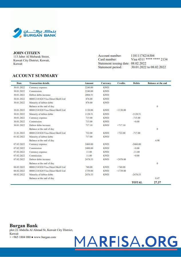 Printable Kuwait Burgan bank statement word download for verification